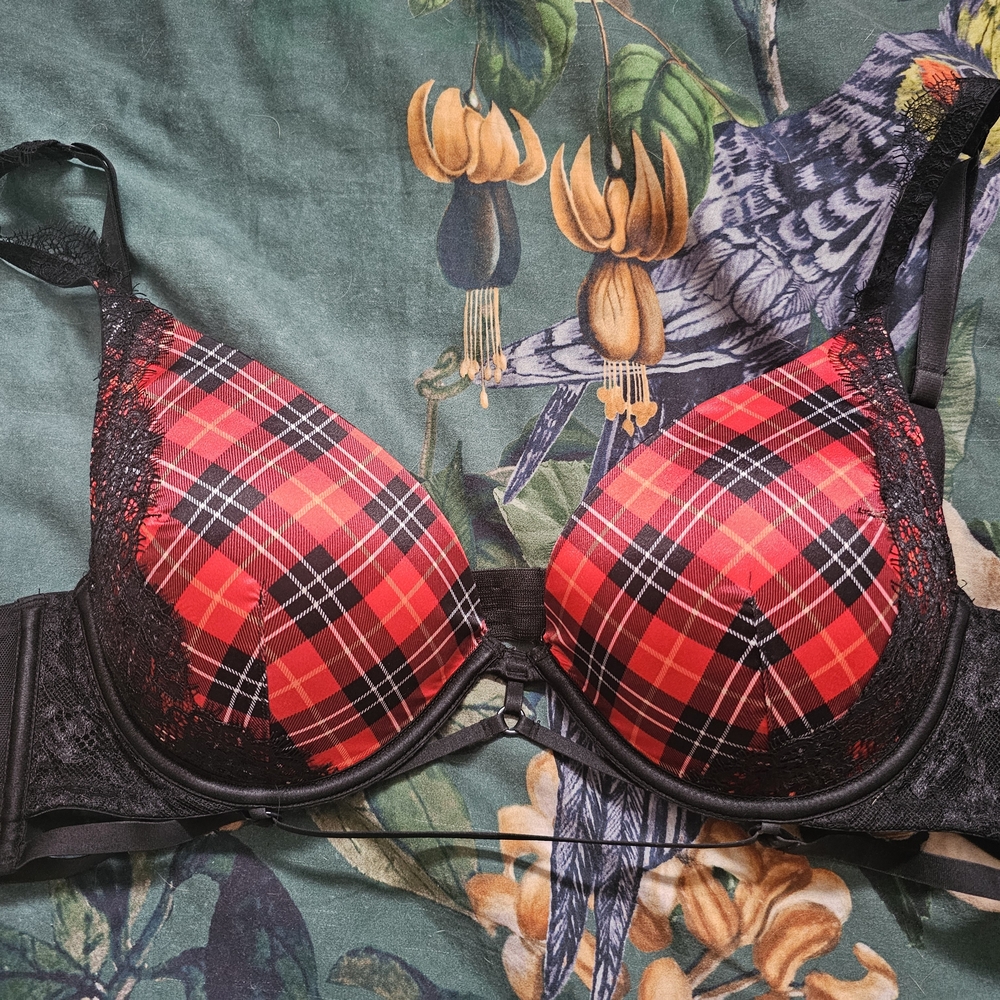 Plaid Red and Black Lace Bra